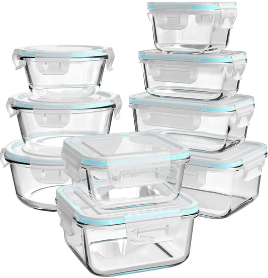 AILTEC Glass Food Storage Containers with Lids, [18 Piece] Meal Prep Containers for Food Storage , BPA Free & Leak Proof (9 Lids & 9 Containers)
