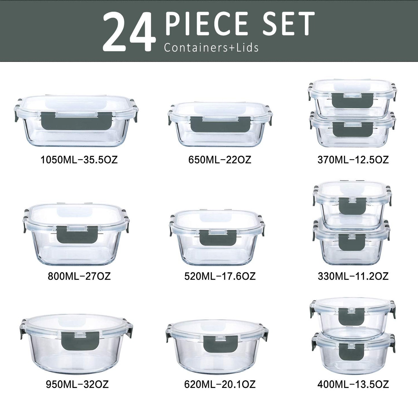 24-Piece Glass Food Storage Containers with Upgraded Snap Locking Lids,Glass Meal Prep Containers Set - Airtight Lunch Containers, Microwave, Oven, Freezer and Dishwasher